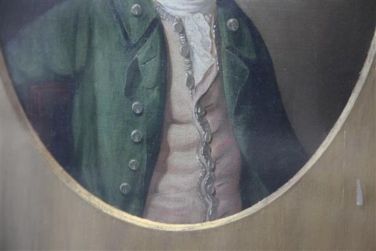 English School c.1780 Portrait of a gentleman wearing a green coat, oval, 12.5 x 9.5in.